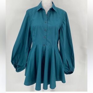 Free People Green Mini Dress with Puff Sleeves and Notched Collar